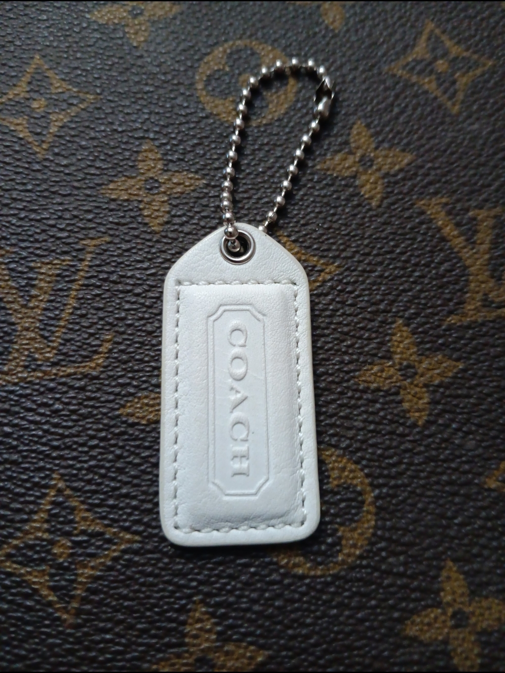 Coach White Leather Embossed Key Tag with Metal Ball Chain